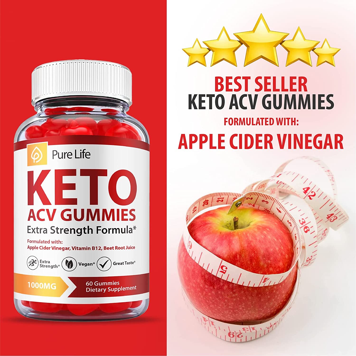 (2 Pack) Pure Life Keto Gummies - Official Formula, Vegan - Pure Life Keto ACV Gummies, Pure Life Keto Gummies with Apple Cider Vinegar, Weight Apple Loss Cider, Pure Life Gummy Advanced (120 Gummies)