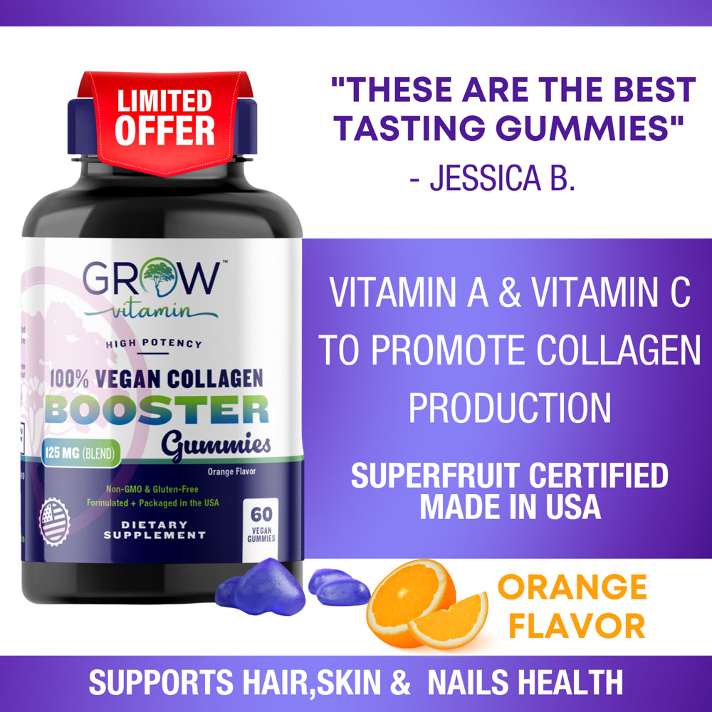 Collagen Boosting Gummies for Hair Skin & Nail Health by Grow Vitamin | Vegan Superfruit for Women and Men Supplement, Best Alternative to Collagen Pills | 60 Gummies