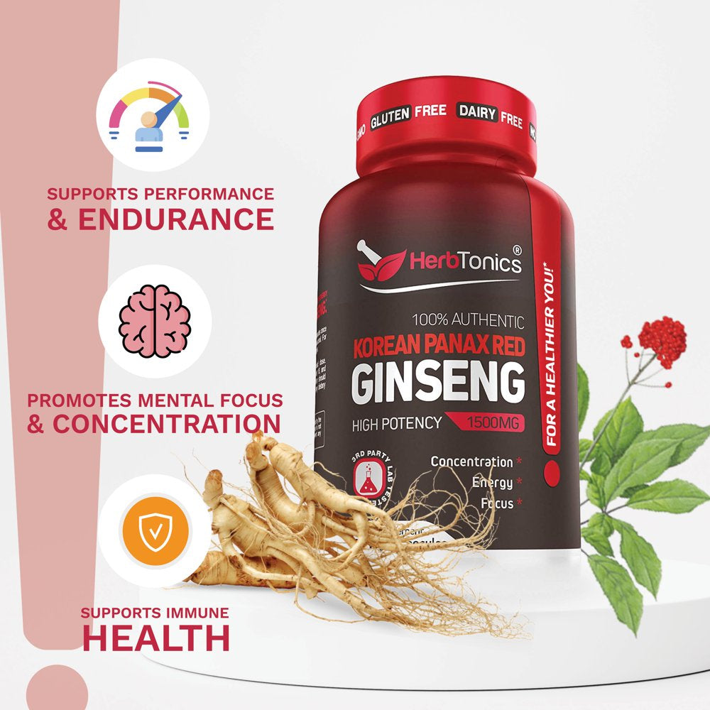 High Strength Korean Red Panax Ginseng Capsules | 1500 Mg Supplement | 120 Vegan Pills | with Ginsenosides Powder Extract to Support Energy, Endurance, Mood, Performance