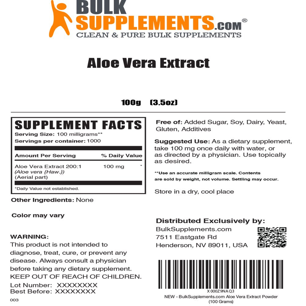 Bulksupplements.Com Aloe Vera Extract Powder, 100Mg - Hair & Skin Health Supplement (100G - 1000 Servings)