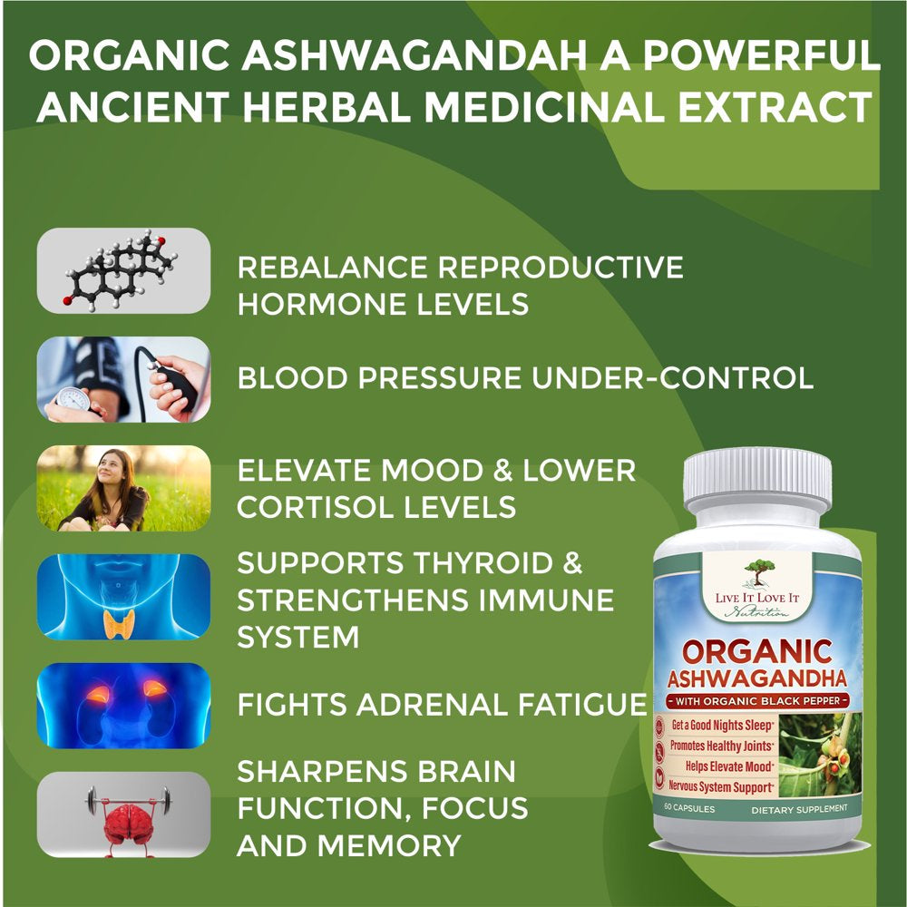 Live It Love It Organic Ashwagandha Capsules 1300Mg, Dietary Supplement Vegetarian Capsule (60 Caps)