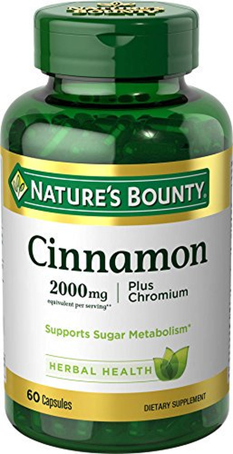 Nature'S Bounty Cinnamon Pills and Chromium Herbal Health Supplement, Promotes Sugar Metabolism and Heart Health, 2000G, 60 Capsules