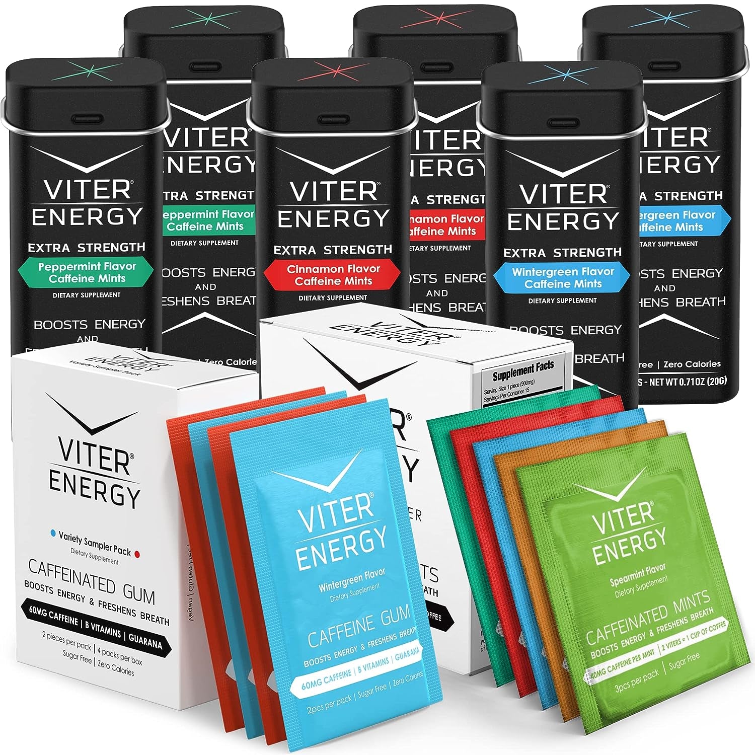 Viter Energy Extra Strength 3 Flavor 80Mg Caffeine Mints Variety and Caffeine Gum Variety Flavor Sampler and Original Caffeine Mints Sampler Packs Bundle - Caffeine, B Vitamins, Sugar Free, Vegan