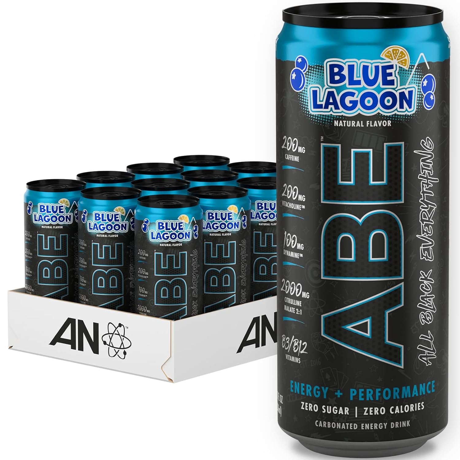 ABE Energy + Performance Sugar Free Energy Drink - All Black Everything Drink with Caffeine, Vitacholine, Dynamine, Citrulline Malate (11Oz Can - Pack of 12) (Blue Lagoon)