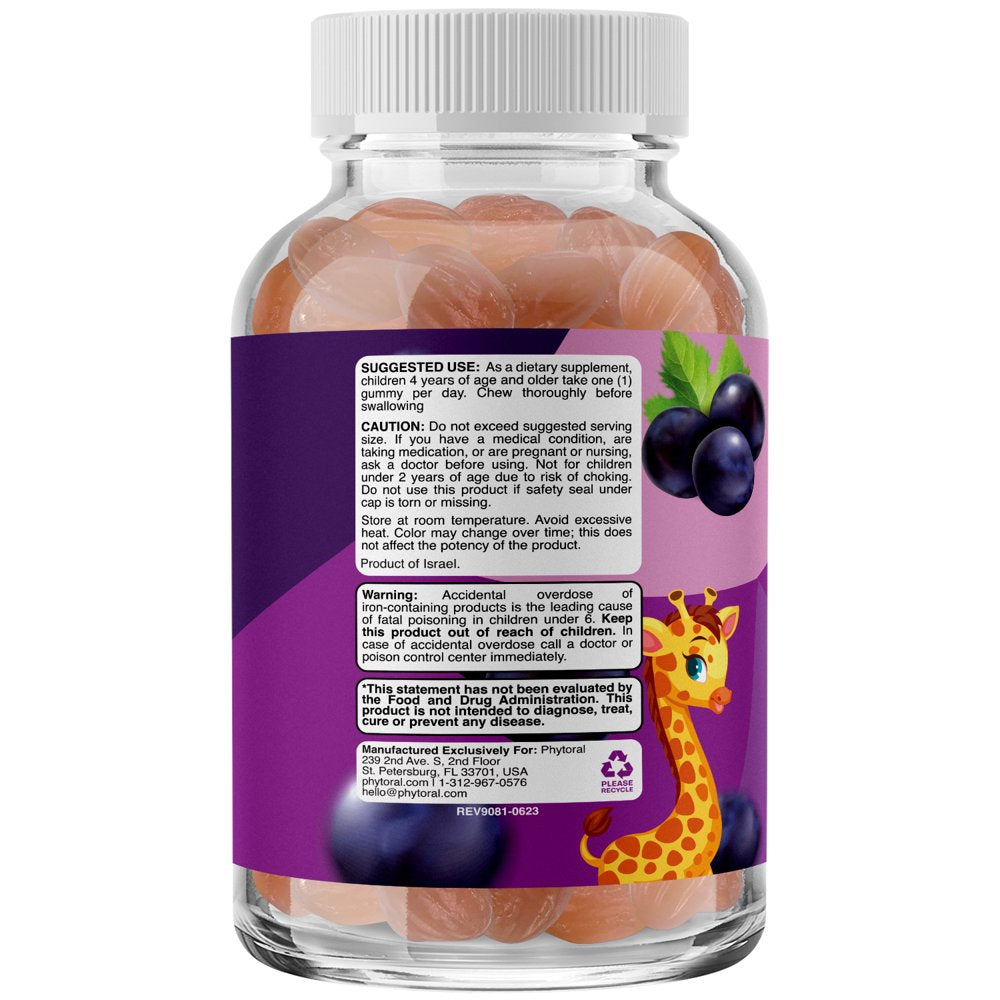 Iron Gummy Multivitamin for Kids - Phytoral Natural Immune Boost and Focus Supplement - Delicious Kids Iron Gummies with Vitamin a Vitamin B Vitamin C Calcium Zinc - Kids Iron Gummies - 60 Gummies