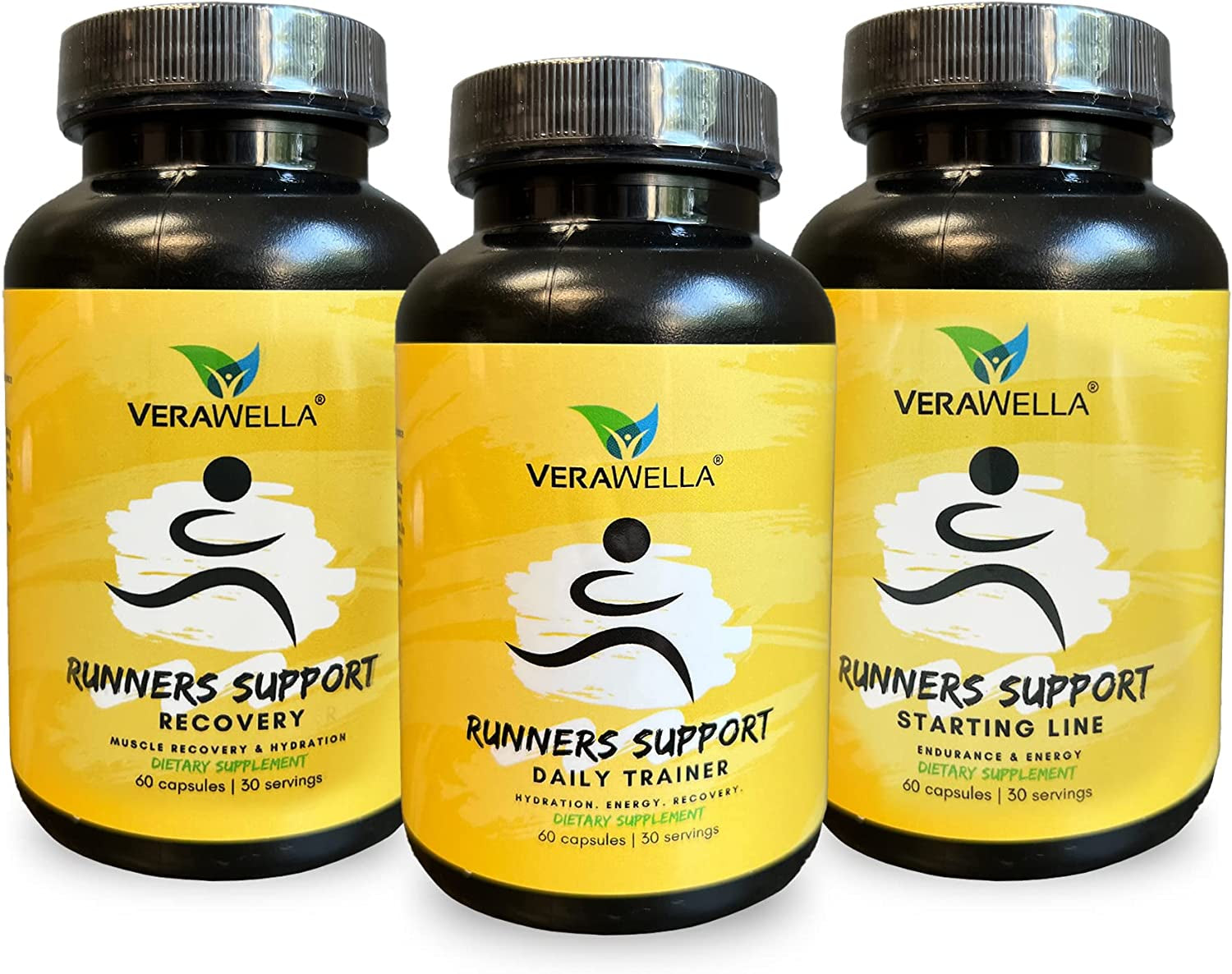 Verawella - Runners Support Bundle, Vitamin Supplements, Daily Trainer Joint Support, Starting Line Energy Supplement and Recovery Potassium Supplement, 30 Servings per Bottle, Pack of 3