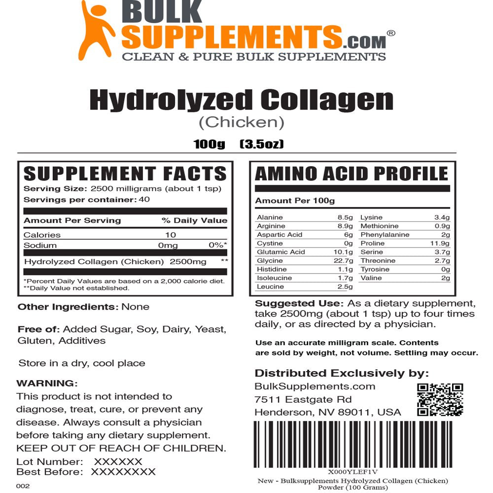 Bulksupplements.Com Hydrolyzed Collagen (Chicken) Powder - Keto Collagen Powder - Collagen Peptides Powder for Women - Pure Collagen (100 Grams - 3.5 Oz)