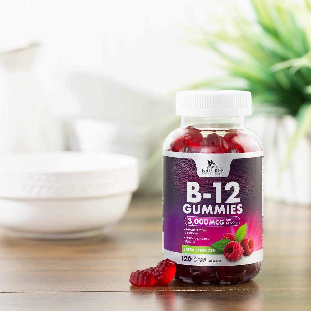 Vitamin B12 Gummies 3000 Mcg, High Absorption Vitamin B-12 Energy & Immune System Support Gummy Vitamins, Vegan Gummy, Natural Energy Support, Raspberry Flavor, for Adults and Kids - 120 Gummies