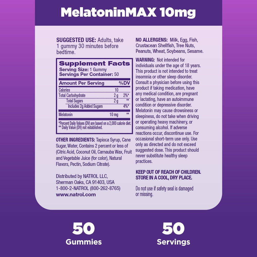 Natrol Melatoninmax Sleep Aid Gummy, 10Mg per Gummy, Maximum Strength for Better Sleep, 50 Gummies