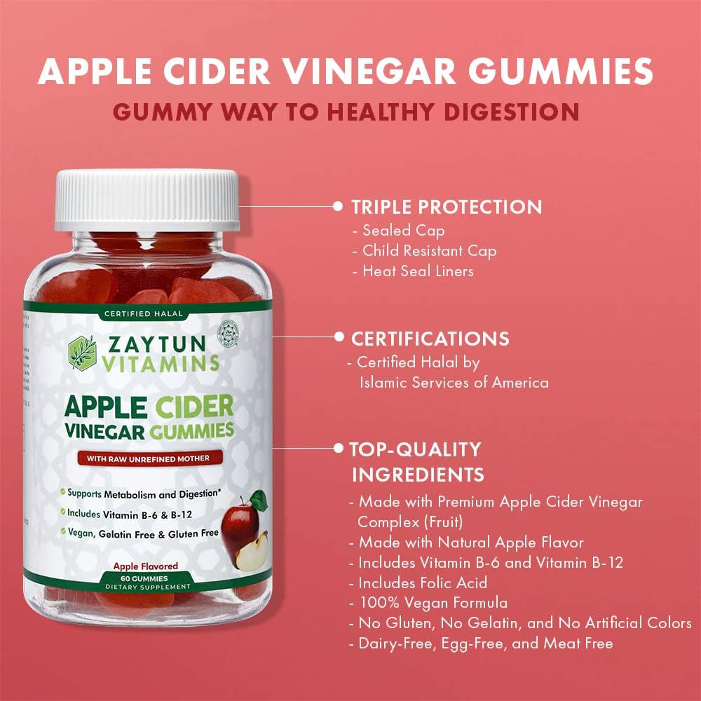 Zaytun Halal Apple Cider Vinegar Gummies with Mother, Supports Digestive and Gut Health, Help Improve Energy, Includes Folic Acid, No Gelatin No Gluten, 100% Vegan, 2 Months Supply