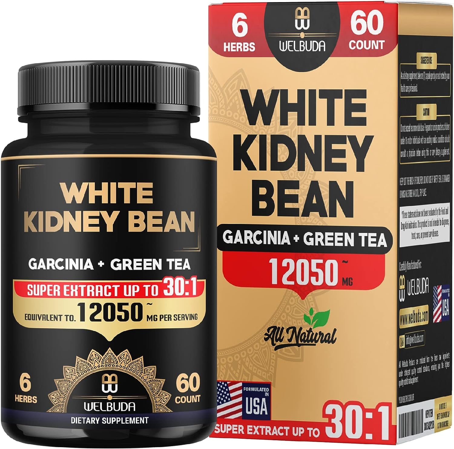 6In1 White Kidney Bean Extract 30:1 Capsules - 12050Mg 60 Counts 2 Months - with Garcinia Cambogia, Green Tea, Olive Leaf, Green Coffee Bean & Black Pepper - Body Health, Strength & Immune Support