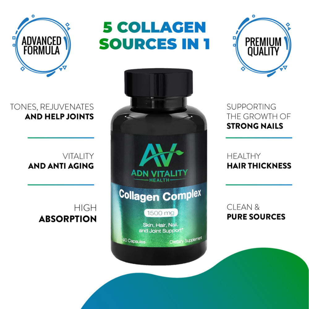 Collagen Peptides Pills - Hydrolyzed Multi Collagen Supplement - Collagen Capsules (Type I, II, III, V, and X) - by ADN VITALITY - Support Joints, Skin, Hair, and Nails - 90 Capsules