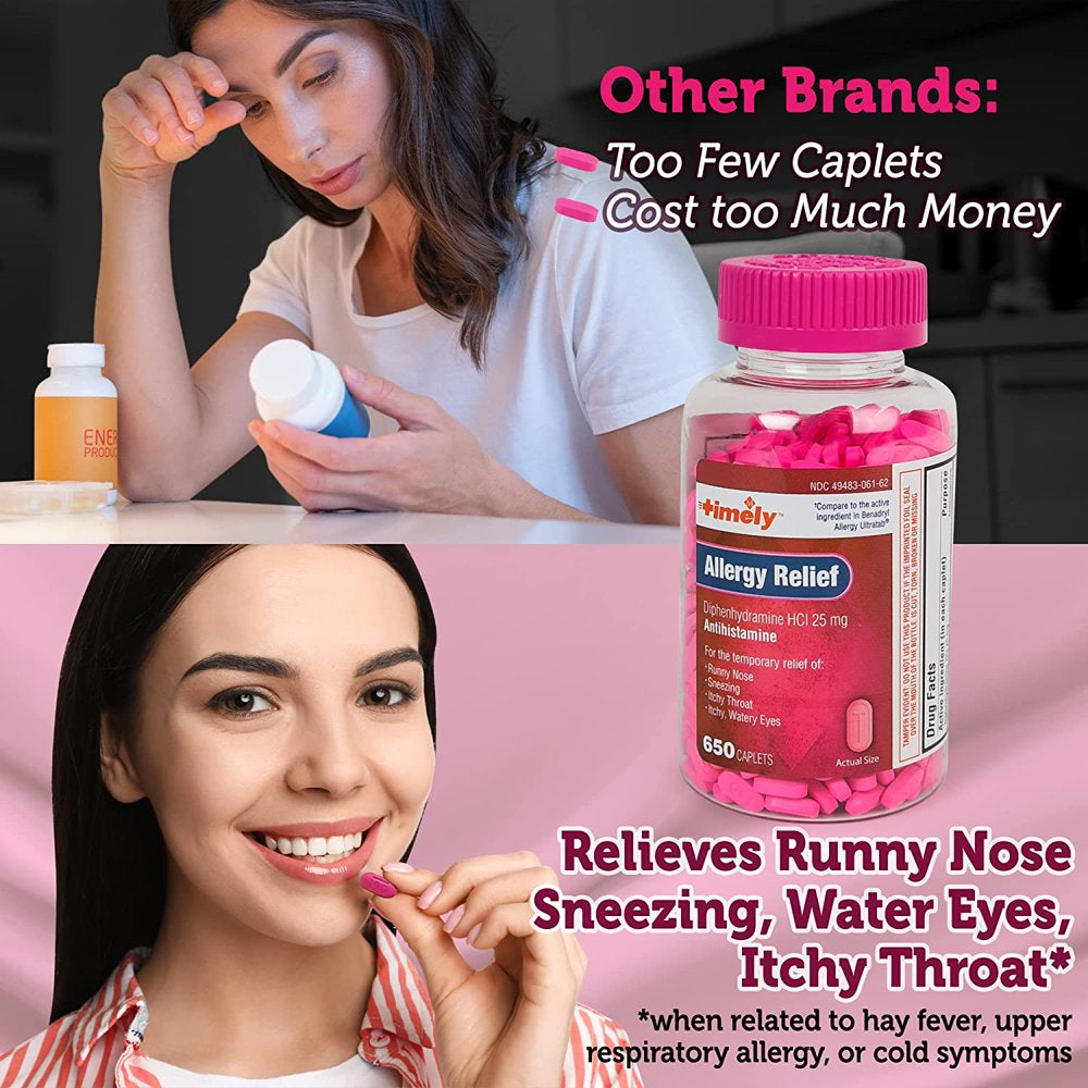 Timely - Allergy Pills with Diphenhydramine Hcl 25 Mg 650 CT - Compared to Benadryl Antihistamine