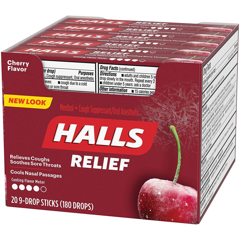 Halls Cherry Cough Drops - with Menthol - 180 Drops (20 Sticks of 9 Drops)