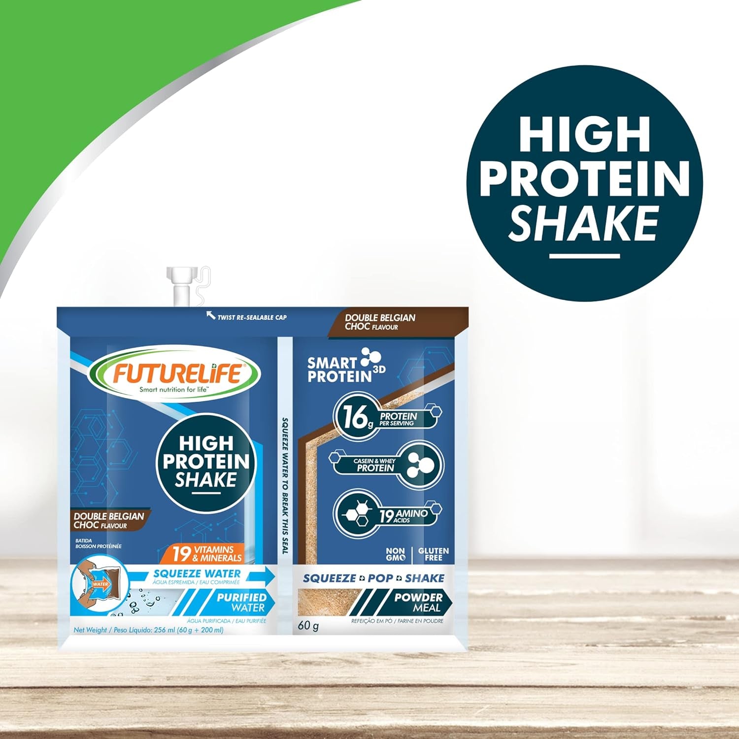 FUTURELIFE High Protein Shake | 200G + 60G Dual Shake | Belgium Chocolate | Smartprotein3D | Casein & Whey Protein | Low GI | Gluten Free | 16G Protein | Convenient & Hygienic | 16 Pack |