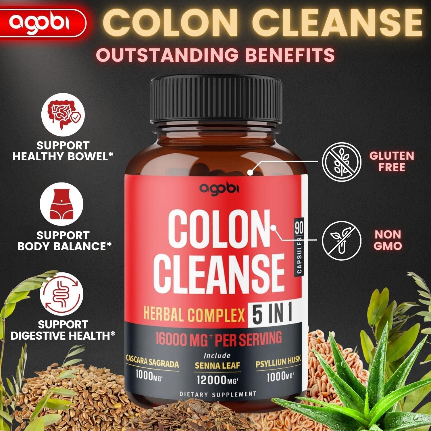 Colon Cleanse Support Supplement - 5In1 Formula 16000Mg with Senna Leaf, Cascara Sagrada Bark, Psyllium Husk, Flaxseed & Aloe Vera Gel - Gluten-Free, Non-Gmo - 90 Vegan Capsules