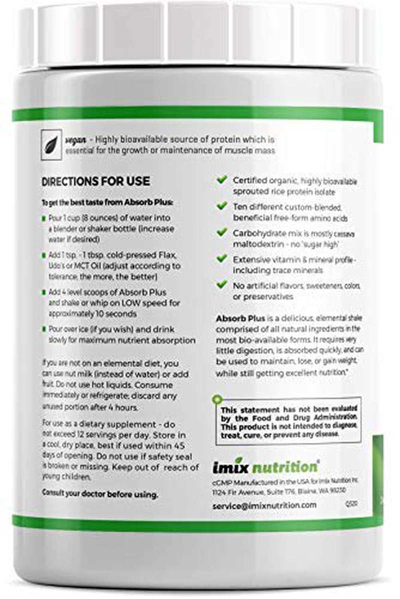 Absorb plus Vegan Isolate Protein - Diet Supplement Improved Gut Health, Nutritional Support, Natural Ingredients, Non-Gmo, Gluten-Free, Organic Sprouted Rice Protein, Unsweetened Vanilla Brûlée, 1Kg