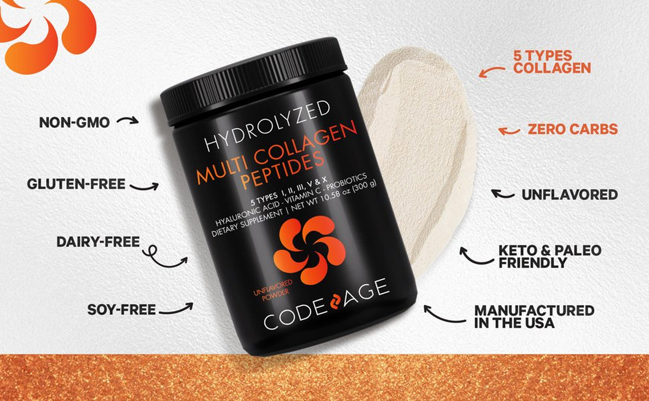 Codeage Multi Collagen Peptides + Probiotics Black Edition, Vitamin C, Hyaluronic Acid, 10.58 Oz