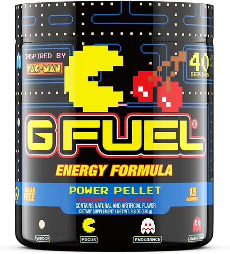 G Fuel Pac-Man Energy Powder, Sugar Free, Clean Caffeine Focus Supplement, Water Mix, Cherry Lollipop Flavor, Focus Amino, Vitamin + Antioxidants Blend, 9.8 Oz (40 Servings)