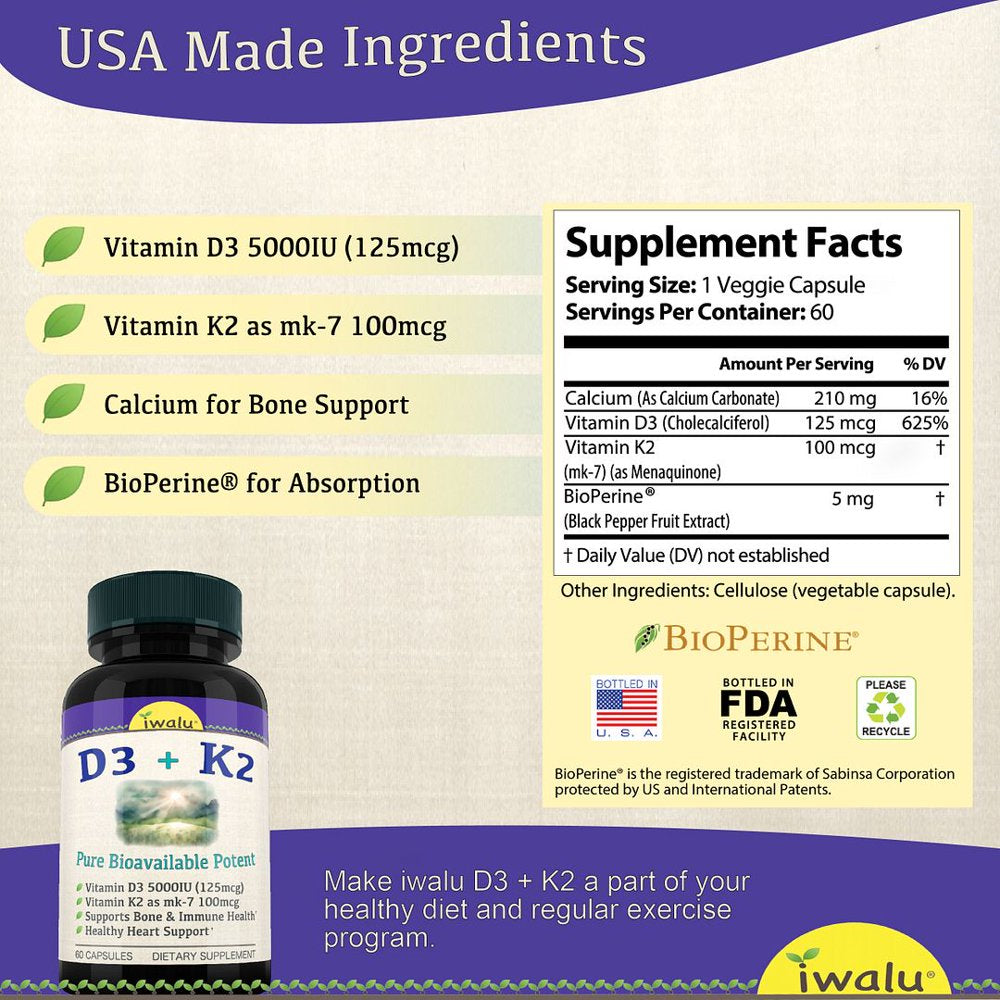 Vitamin D3 K2 MK7 Supplement - Promotes Heart, Bone & Teeth Health, Non-Gmo Formula, Vit D3 5000 IU & 100 Mcg Vitamin K2 MK-7 Easy Swallow Vitaminas D & K Complex for Women & Men IWALU 60 Capsules