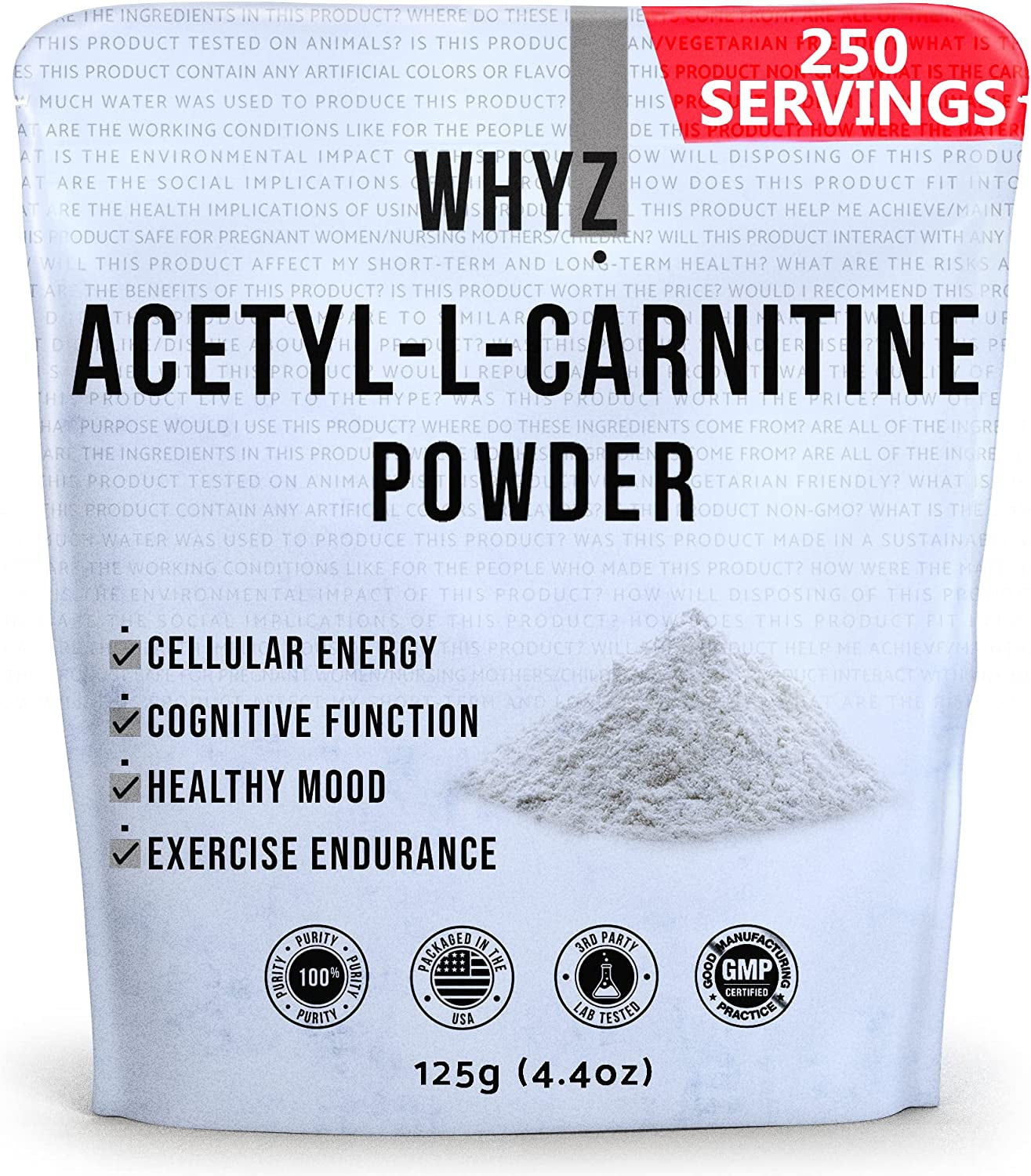 Acetyl L-Carnitine Powder, 125G, Gluten-Free Acetyl L Carnitine Supplement, Amino Acid Supplement That Supports Cellular Energy, ALCAR Powder for Cognitive Function and Vitality, 250 Servings