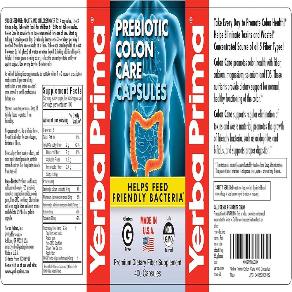 Yerba Prima Prebiotic Colon Care Capsules, 400 Caps - Five Forms of Fiber plus FOS Pre-Biotics - Dietary Health Supplement - Healthy Soluble & Insoluble Fibers for Regularity & Digestive Support