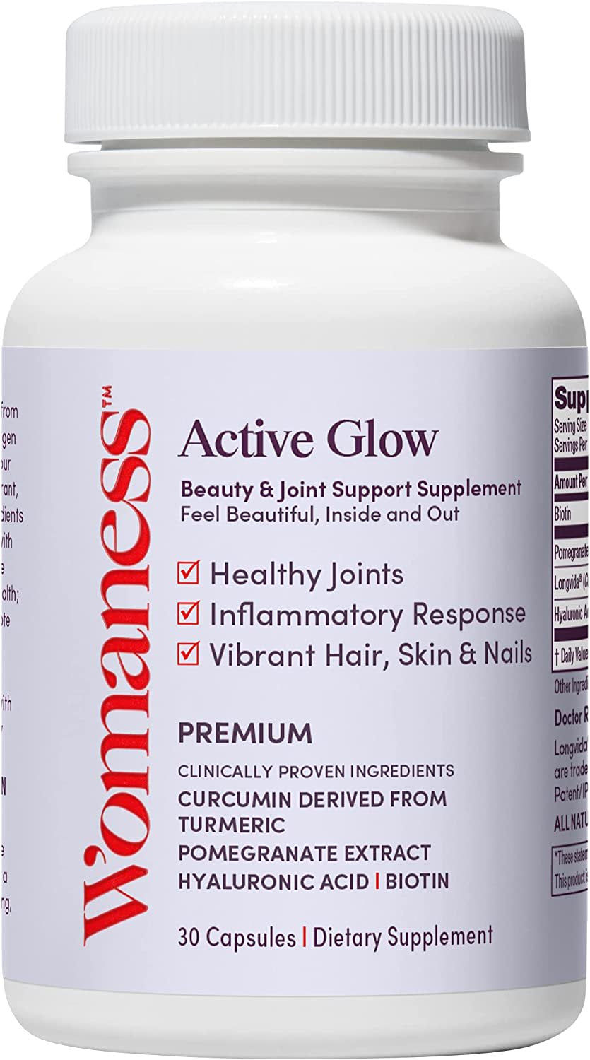 Womaness Active Glow - All over Menopause Support for Hair Skin and Nails Vitamins & Joint Health - Longvida Curcumin, Pomegranate Extract, Hyaluronic Acid + Biotin Menopause Supplements (30 Capsules)