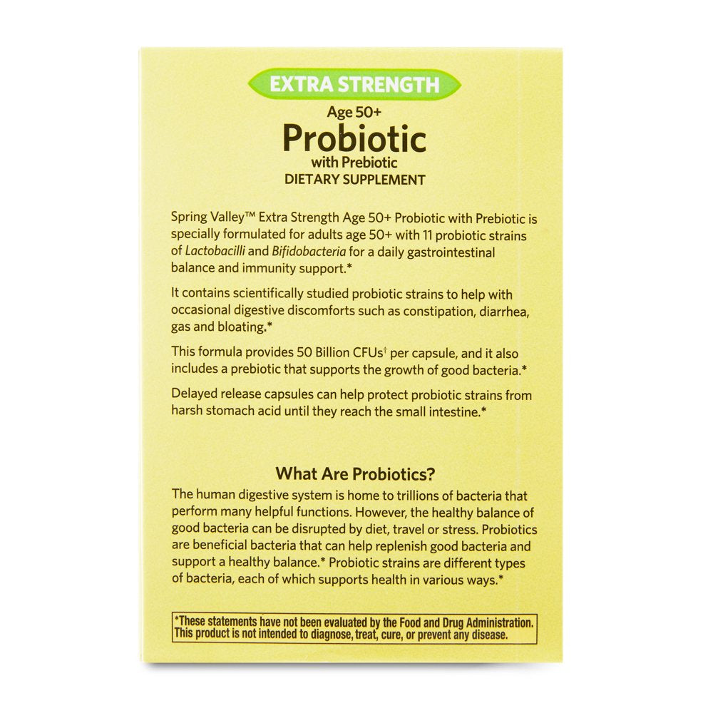 Spring Valley Extra Strength Age 50+ Probiotic with Prebiotic Dietary Supplement Delayed Release Vegetarian Capsules for Digestive Health, 30 Count