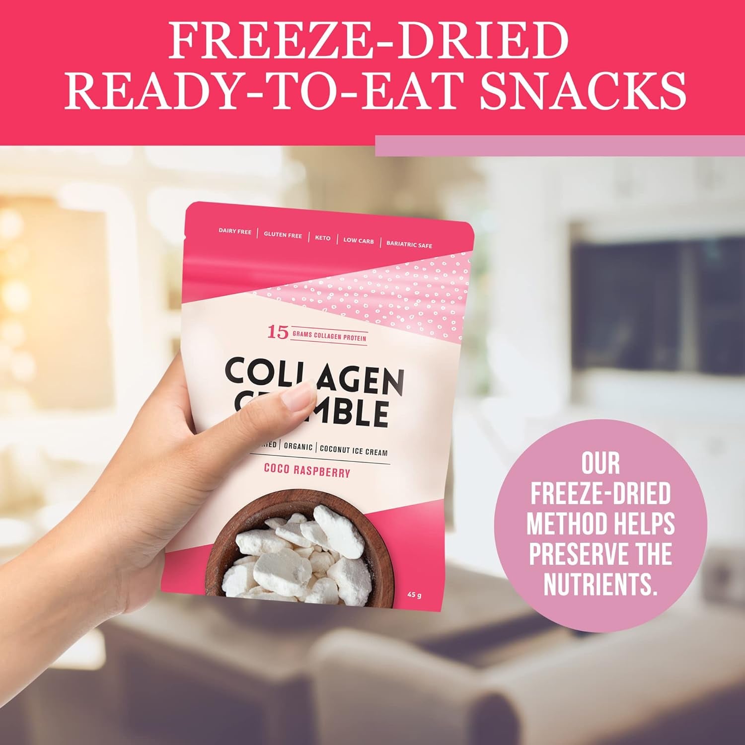 3 Broth MAKERS Collagen Crumbles, Coco Raspberry, Freeze-Dried Dairy-Free Organic Coconut Ice Cream with Hydrolyzed Protein Collagen Powder for Women and Men, Gluten-Free - Made in Australia - 1 Pack