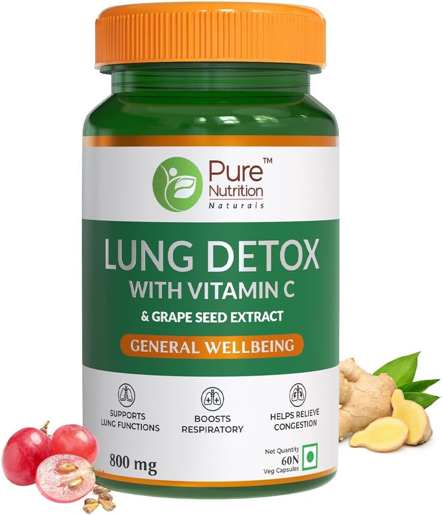 Uxa Pure Nutrition Lung Detox Supplement with Natural Herbal Blend of Vitamin C, Grapeseed & Vasaka Leaves Extract | Lung Cleanser for Detoxification of Lung and Immune Defence - 60 Veg Capsules