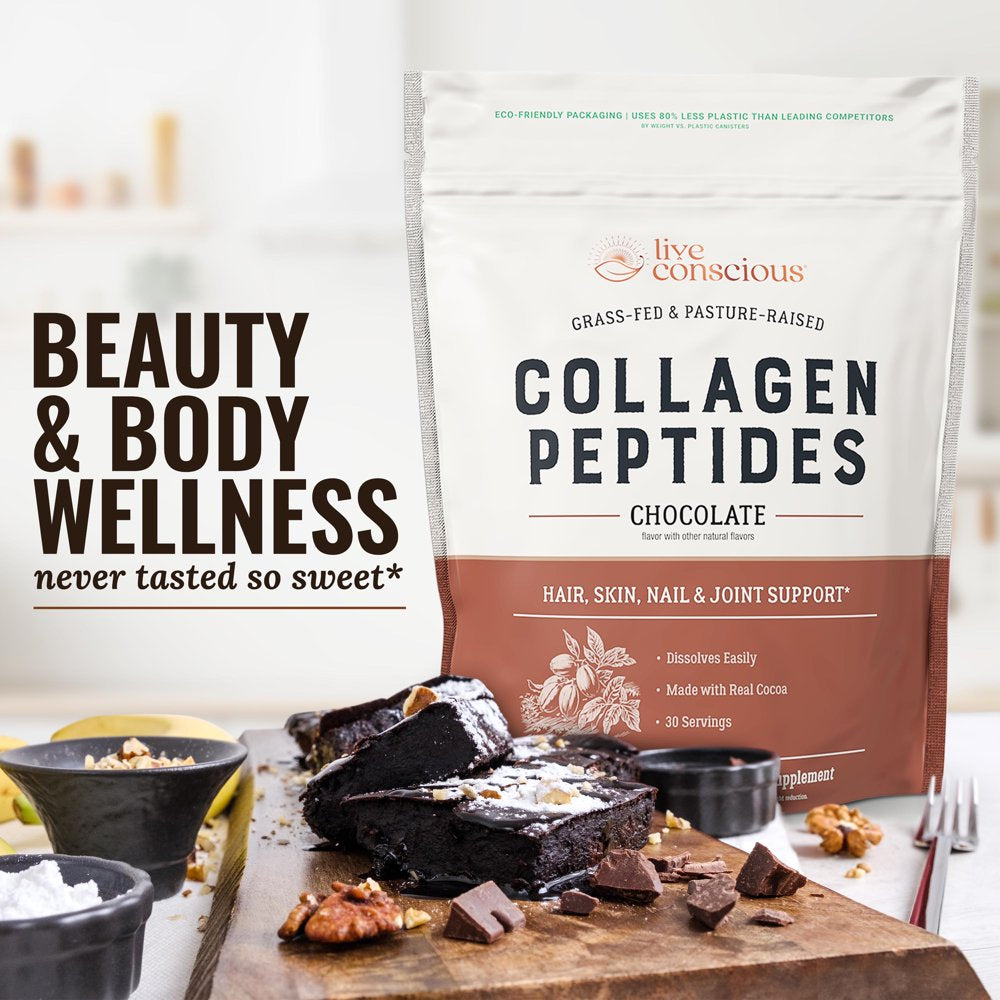 Live Conscious Peptides Chocolate - Grass-Fed, Pasture-Raised Types I & III Collagen & 19 Diverse Amino Acids Support Skin, Hair, Nails & Joint Health. Delicious Chocolate Flavor. 30-Day Supply