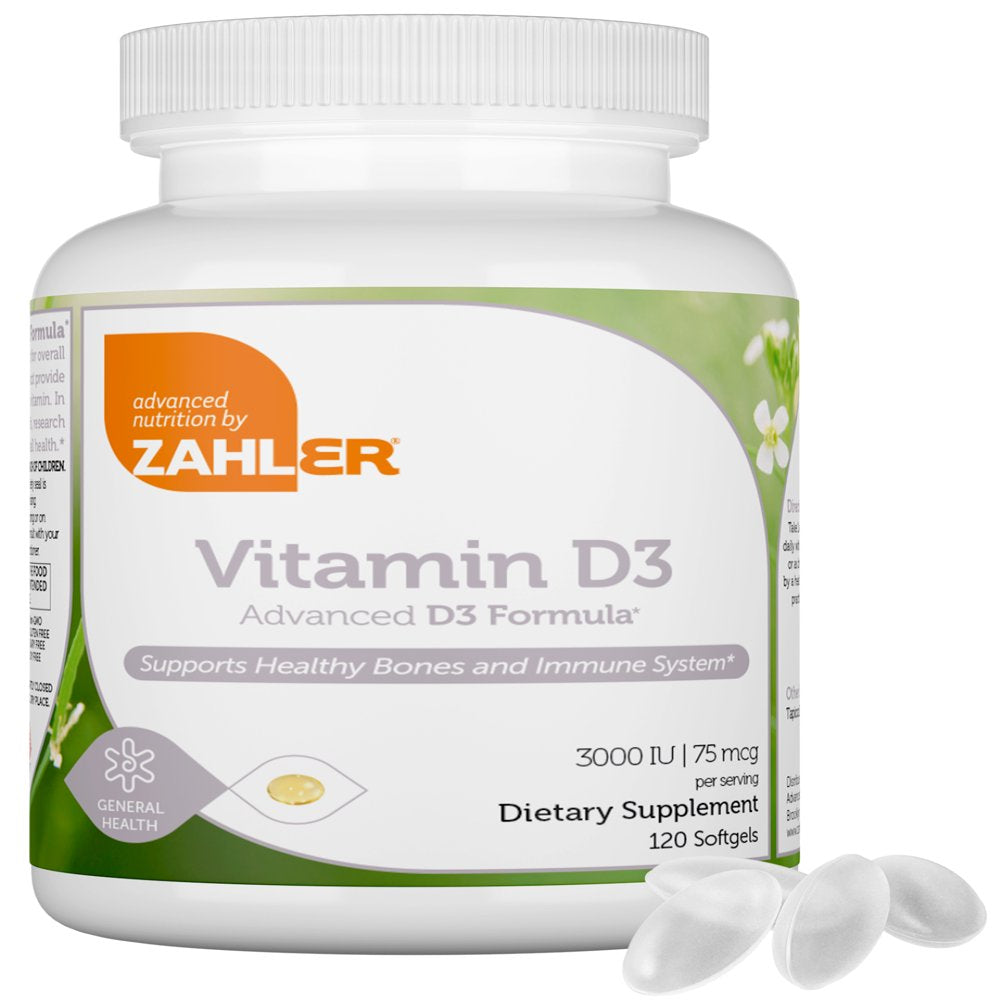 Zahler Vitamin D3IU, Advanced D3 Formula, Supports Healthy Bones and Immune System 75 Mcg (3,000 IU), 120 Softgels