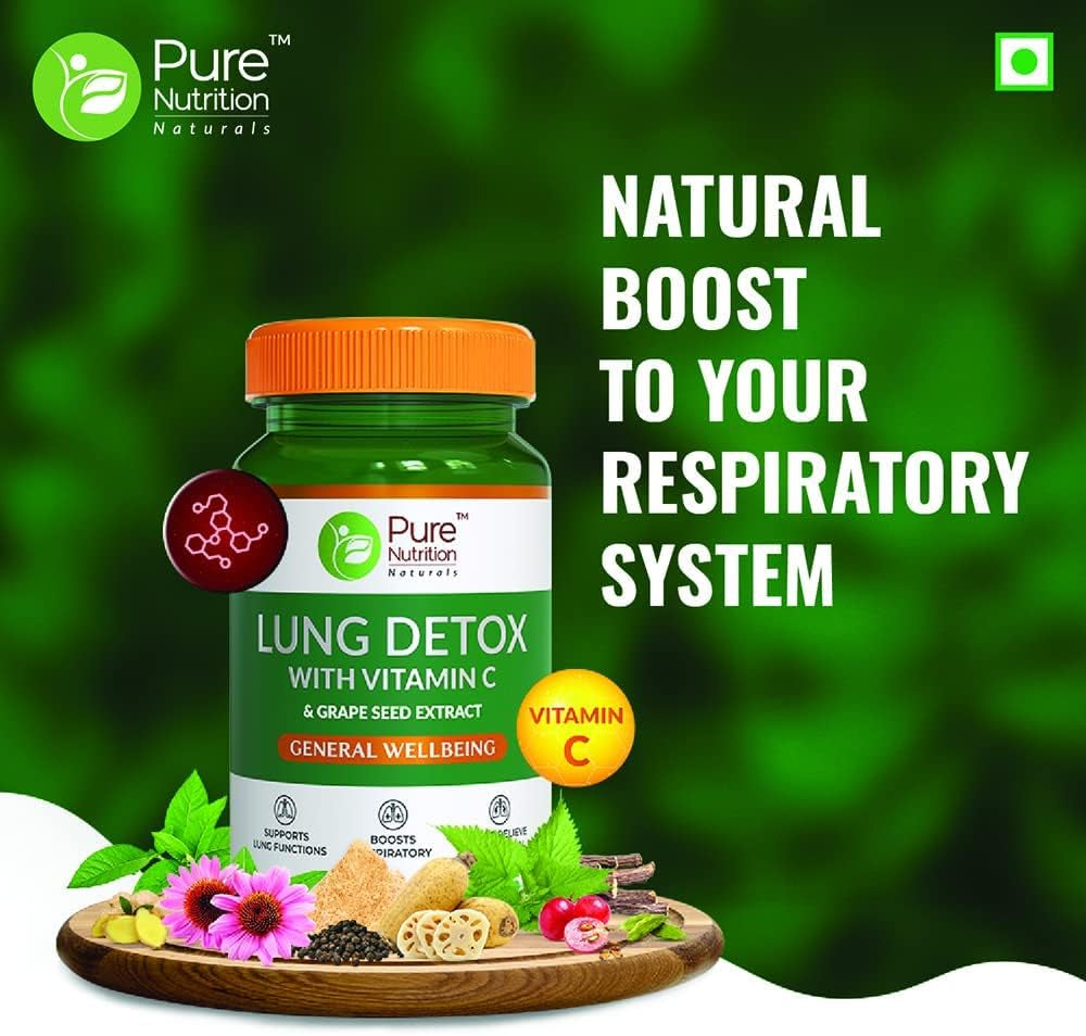 Uxa Pure Nutrition Lung Detox Supplement with Natural Herbal Blend of Vitamin C, Grapeseed & Vasaka Leaves Extract | Lung Cleanser for Detoxification of Lung and Immune Defence - 60 Veg Capsules