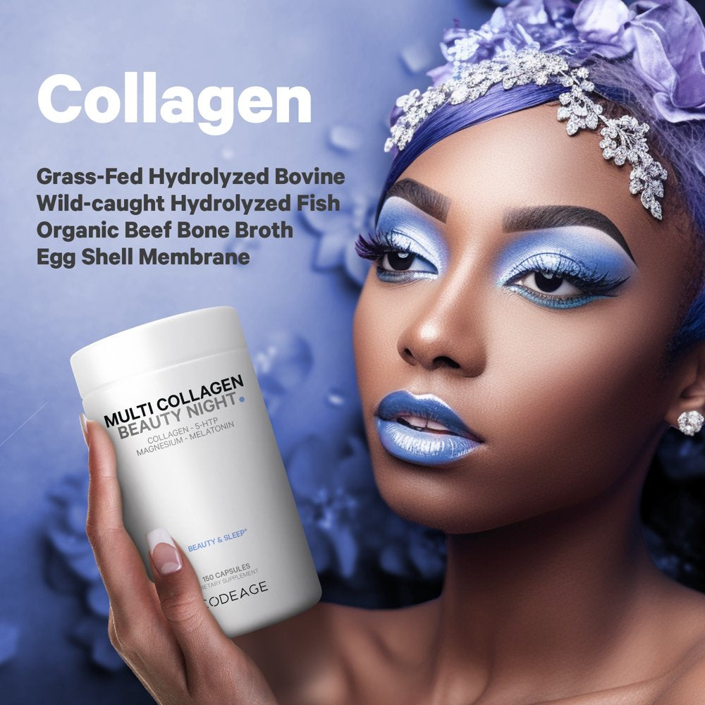 Codeage Multi Collagen Beauty Night, Magnesium, 5-HTP, Lavender, Melatonin, 5 Types Collagen + Sleep, 150 Ct