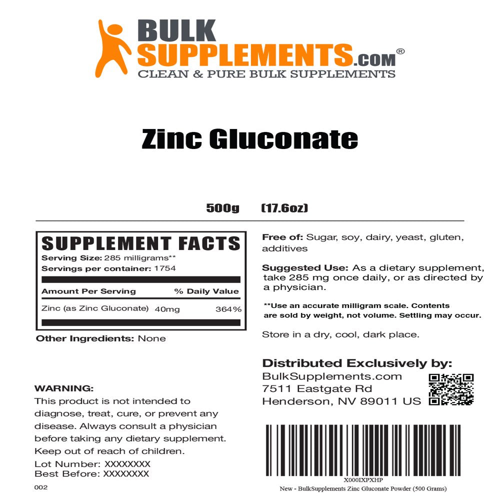 Bulksupplements.Com Zinc Gluconate Powder, 285Mg - Skin & Vision Support Supplement (500G - 1754 Serv)