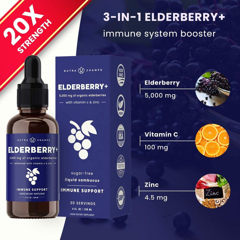 Nutrachamps Organic Elderberry Syrup Liquid Extract for Kids & Adults - Sugar-Free Vegan Sambucus Nigra Antioxidant Drops Supplement - Berry Flavor 2Oz - Immune Support & Seasonal Protection