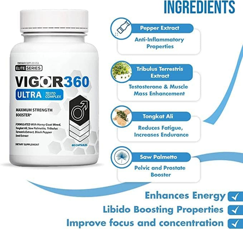 VIGOR 360 ULTRA TESTO COMPLEX - 60 Capsules - 30 Days of Testosterone Rejuvenation - Athletic and Mental Performance Booster.