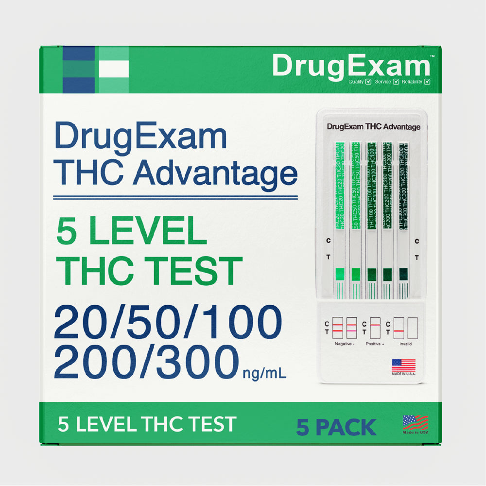 5 Pack - Drugexam THC Advantage Made in USA Multi Level Marijuana Home Urine Test Kit. Highly Sensitive THC 5 Level Drug Test Kit. Detects at 20 Ng/Ml, 50 Ng/Ml, 100 Ng/Ml, 200 Ng/Ml and 300 Ng/Ml