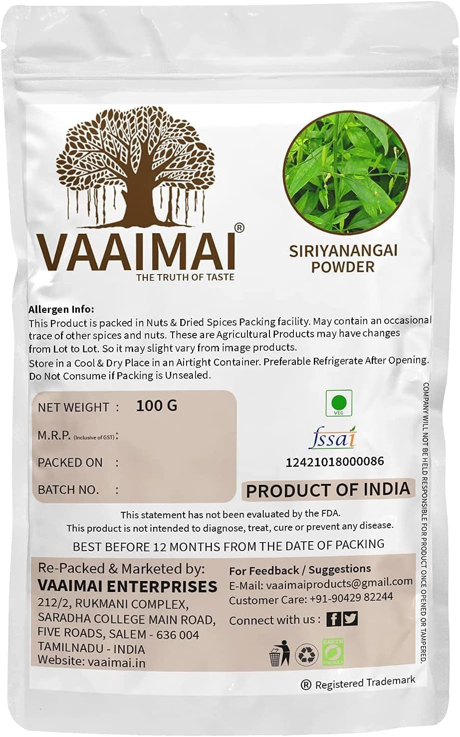 CROW VAAIMAI Siriyanangai Powder/Kariyat/Andrographis Paniculata, 100G