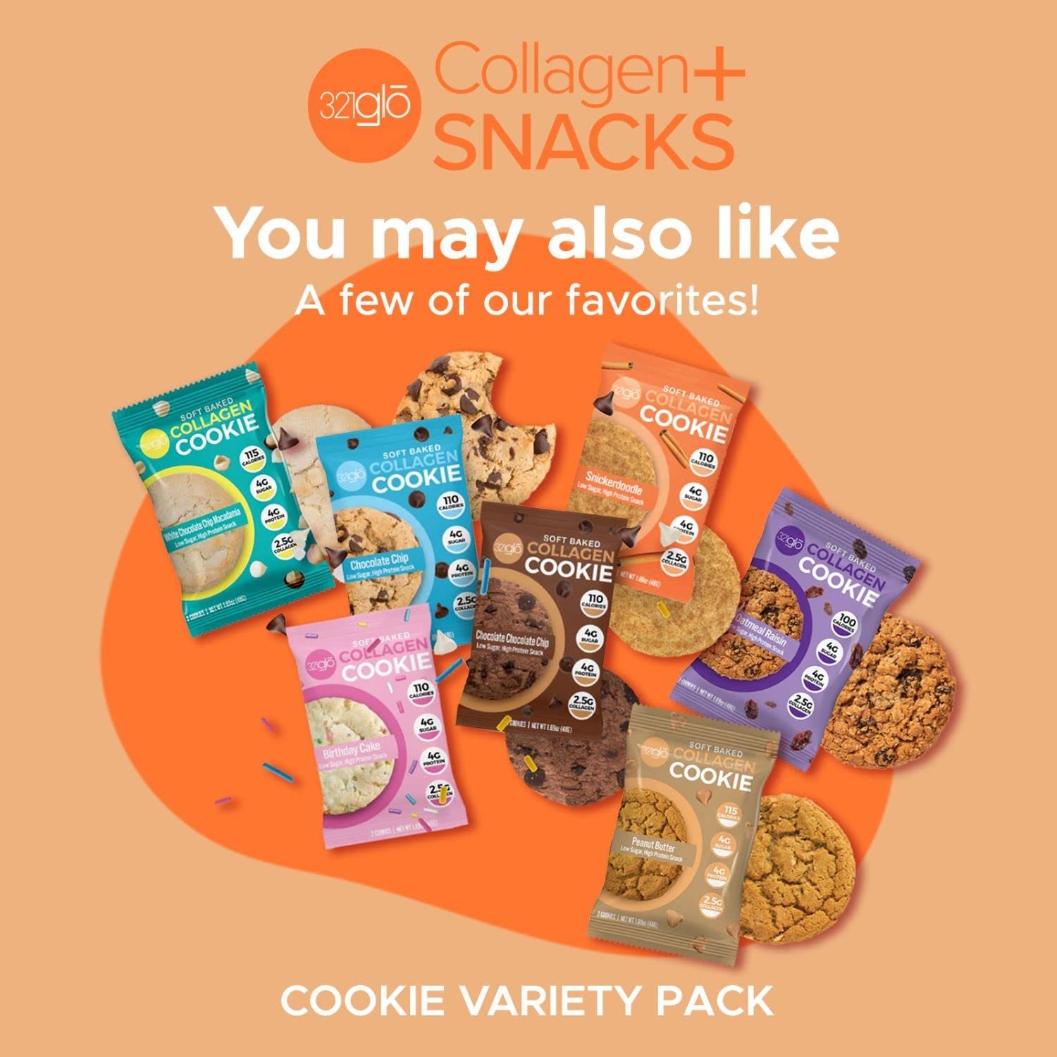 321Glo Collagen Cookies | Soft Baked, High Protein Cookies | Low Carb, Low Sugar | Keto Snack for Women, Men, & Kids | 12 Pack (Snickerdoodle)