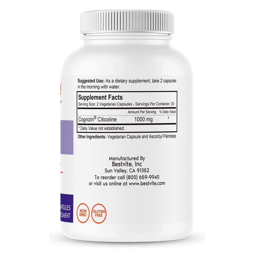 Bestvite Cognizin Citicoline 500Mg (120 Vegetarian Capsules)(2-Pack) - Clinically Studied Form of Citicoline - No Stearates - Vegan - Non GMO - Gluten Free