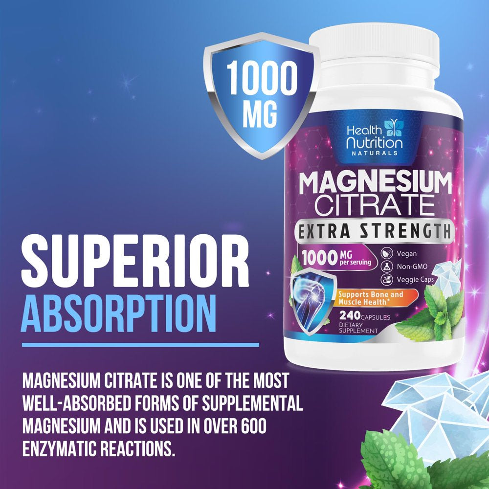 Magnesium Citrate Capsules 1000Mg - Max Absorption Magnesium Powder Capsules for Muscle, Nerve, Bone and Heart Health Support, High Absorption Citrate Complex, Gluten Free, Non-Gmo - 240 Capsules