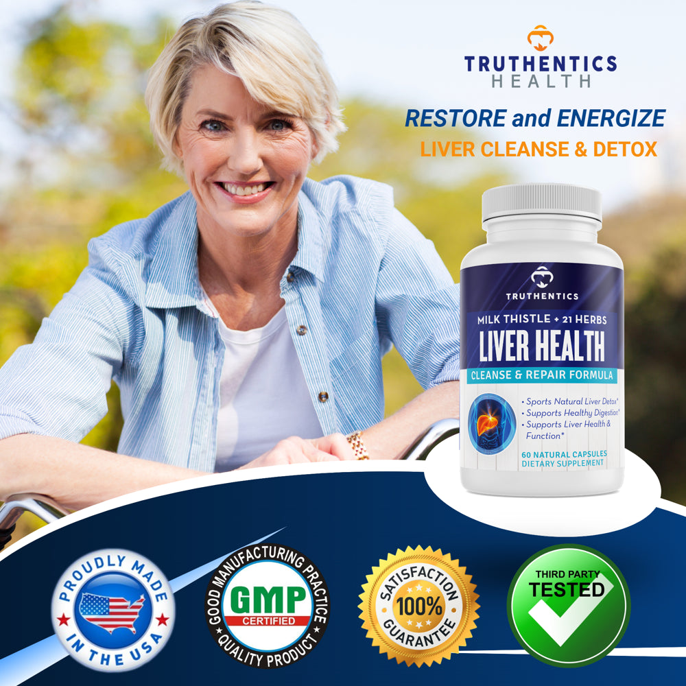 Truthentics Liver Health Support Supplement - Cleanse Detox & Repair Formula with Milk Thistle Dandelion Root Chicory Root Turmeric Artichoke Extract for Liver Detox - 60 Capsules