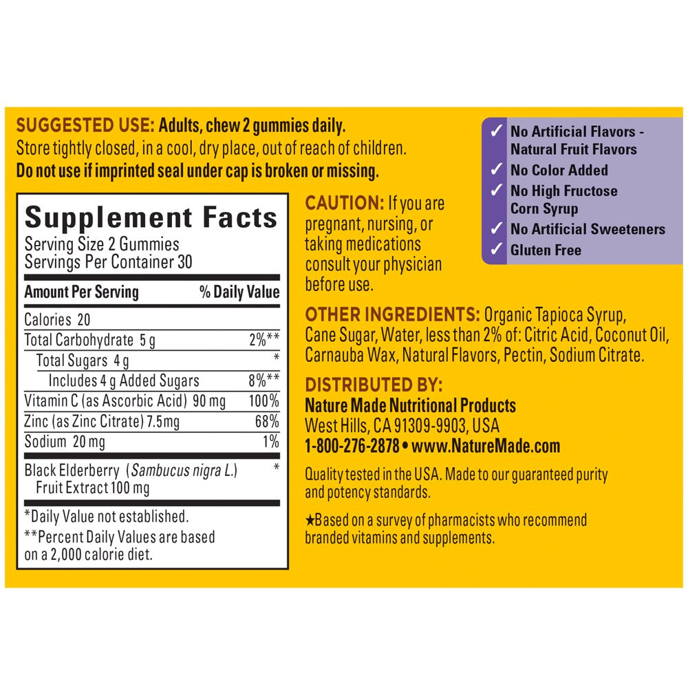 Nature Made Elderberry with Vitamin C and Zinc Gummies, Dietary Supplement, 60 Count