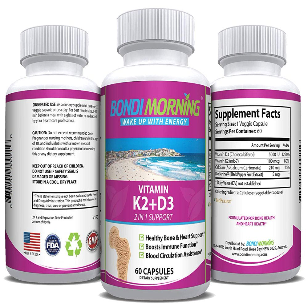 Bondi Morning Vitamin K2+D3 Supplement - High Potency 5000IU Vitamin D3 & 100Mg Vitamin K2 (MK7) - for Bone & Heart Health - 60 Vegan Capsules