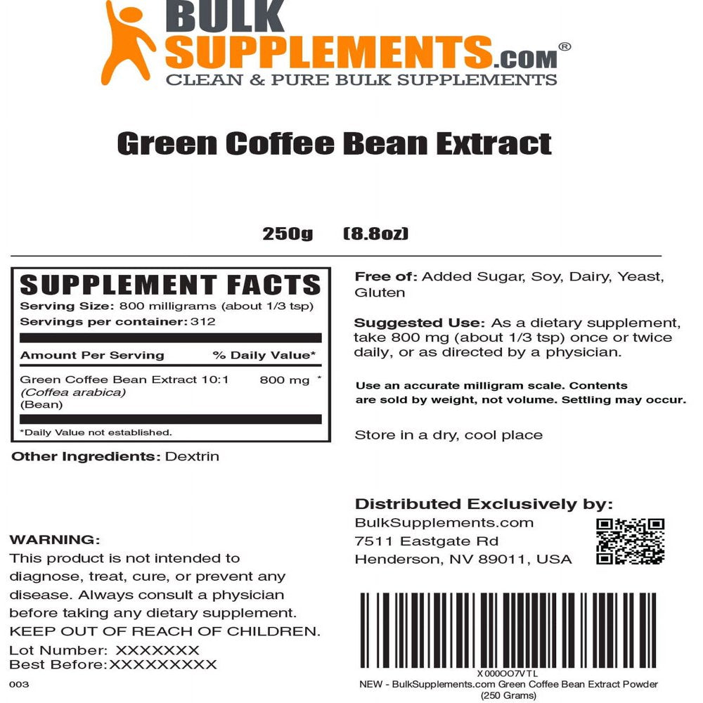 Bulksupplements.Com Green Coffee Bean Powder - Green Coffee Bean Extract for Weight Loss (250 Grams - 8.8 Oz)