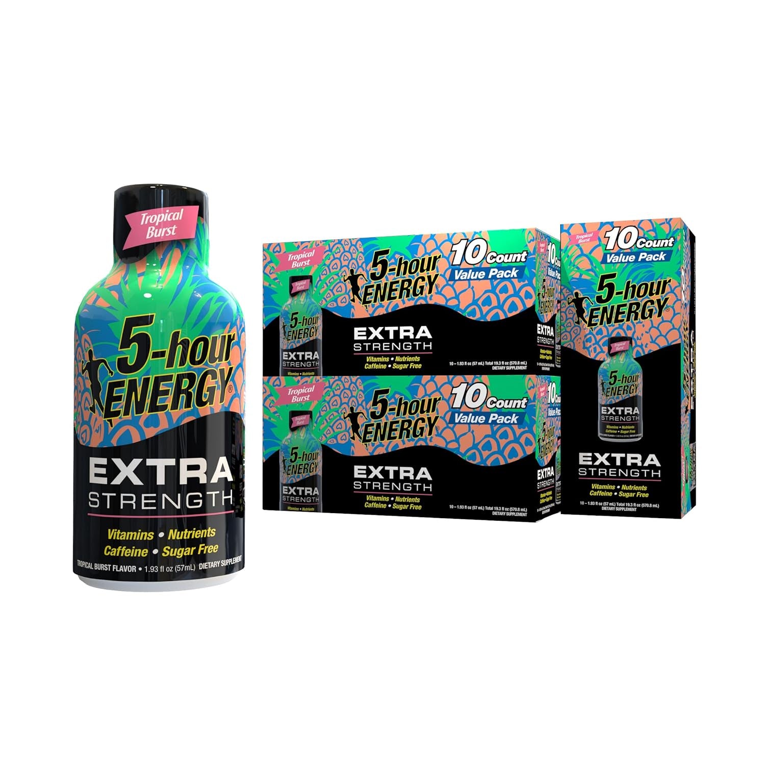 5-Hour ENERGY Shots Extra Strength | Tropical Burst Flavor | 1.93 Oz. 30 Count | Sugar Free 4 Calories | Amino Acids and Essential B Vitamins | Dietary Supplement | Feel Alert and Energized