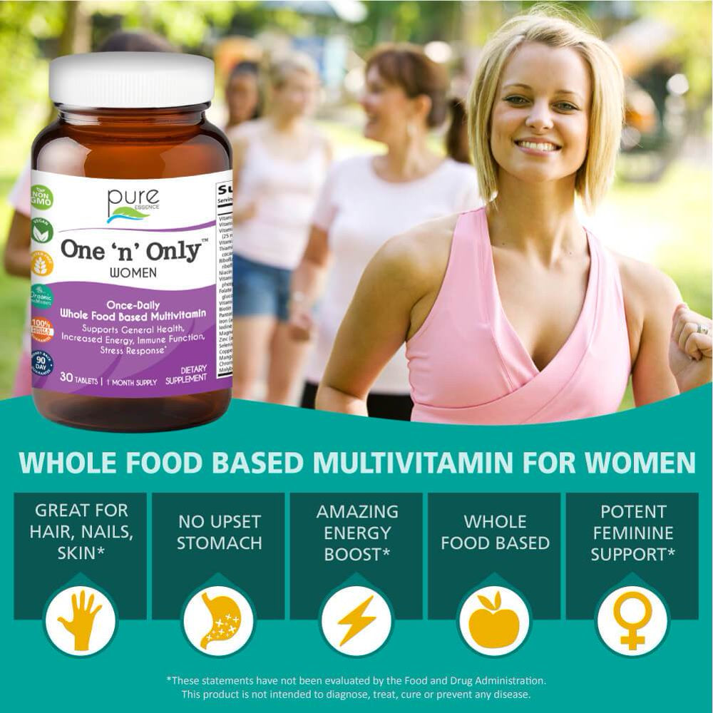 One N Only Multivitamin for Women - One a Day Whole Food Supplement with Superfoods, Minerals, Enzymes, Vitamin D, D3, B12, Biotin by Pure Essence - 30 Tablets