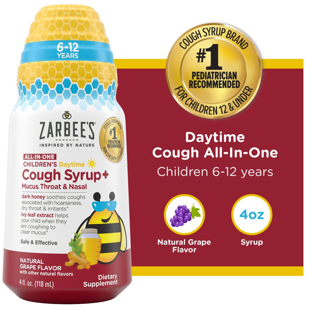 Zarbee’S Kids All-In-One Daytime Cough, Age 6-12, Honey, Turmeric, B3,6,12 & Zinc, Grape, 4FL Oz