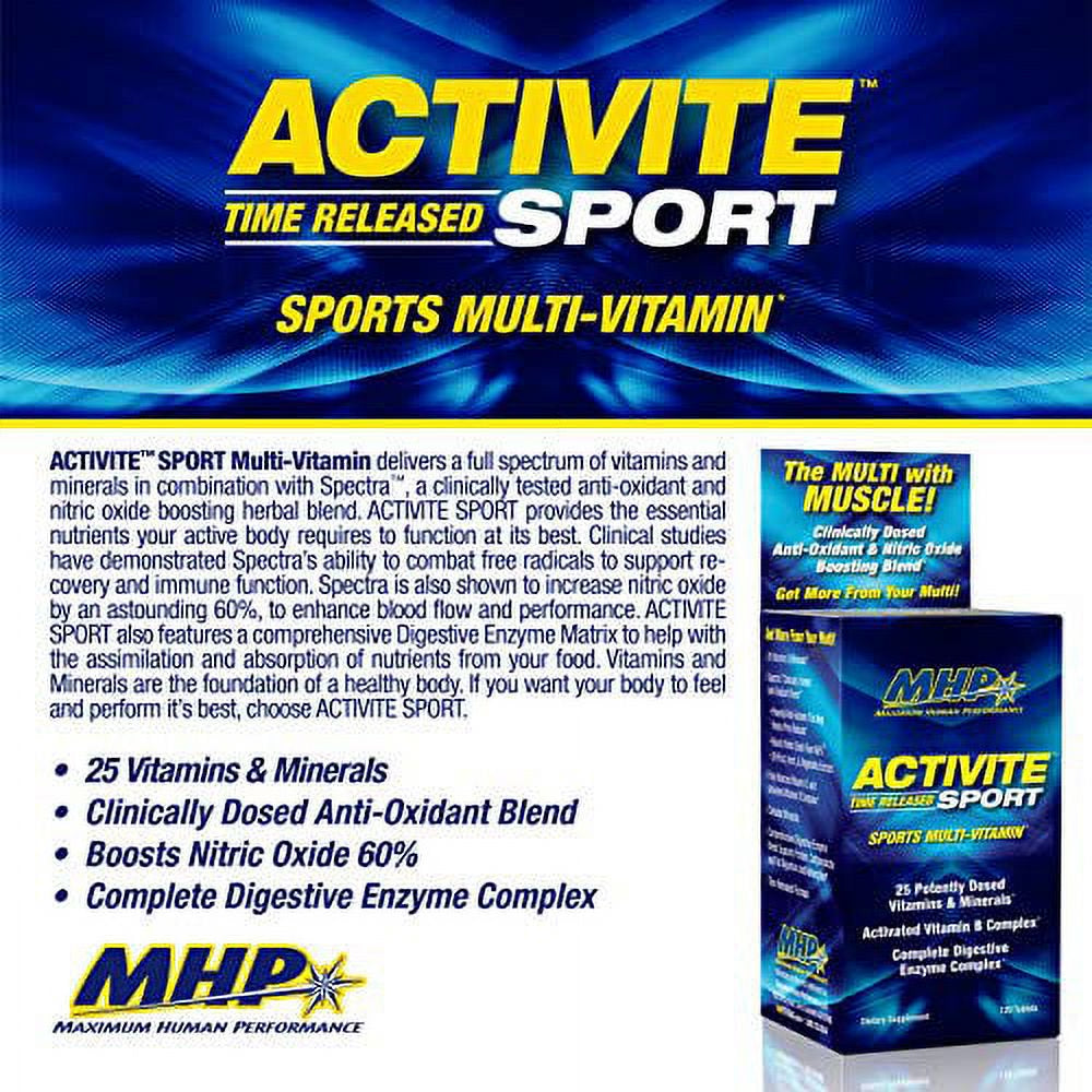 MHP Activite Sport Multi Vitamin, 25 Vitamins and Minerals, Nitric Oxide Booster, Digestive Enzymes, Antioxidants, 120 Tablets